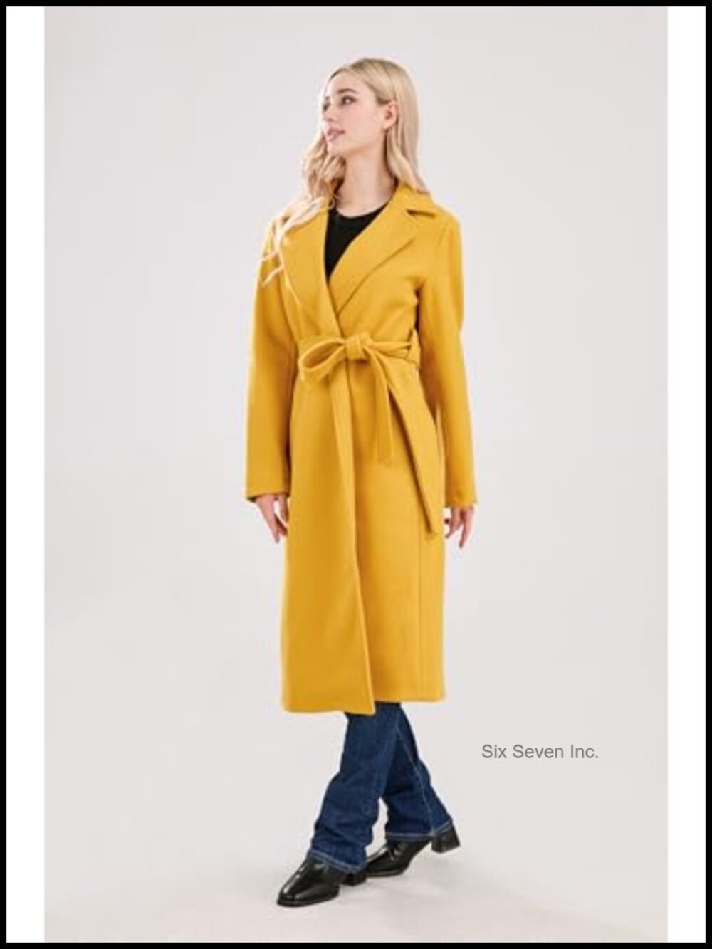 Womens Long Wool Pea Coat Belted Notched Collar Open Front Trench Coat - Picture 3 of 6